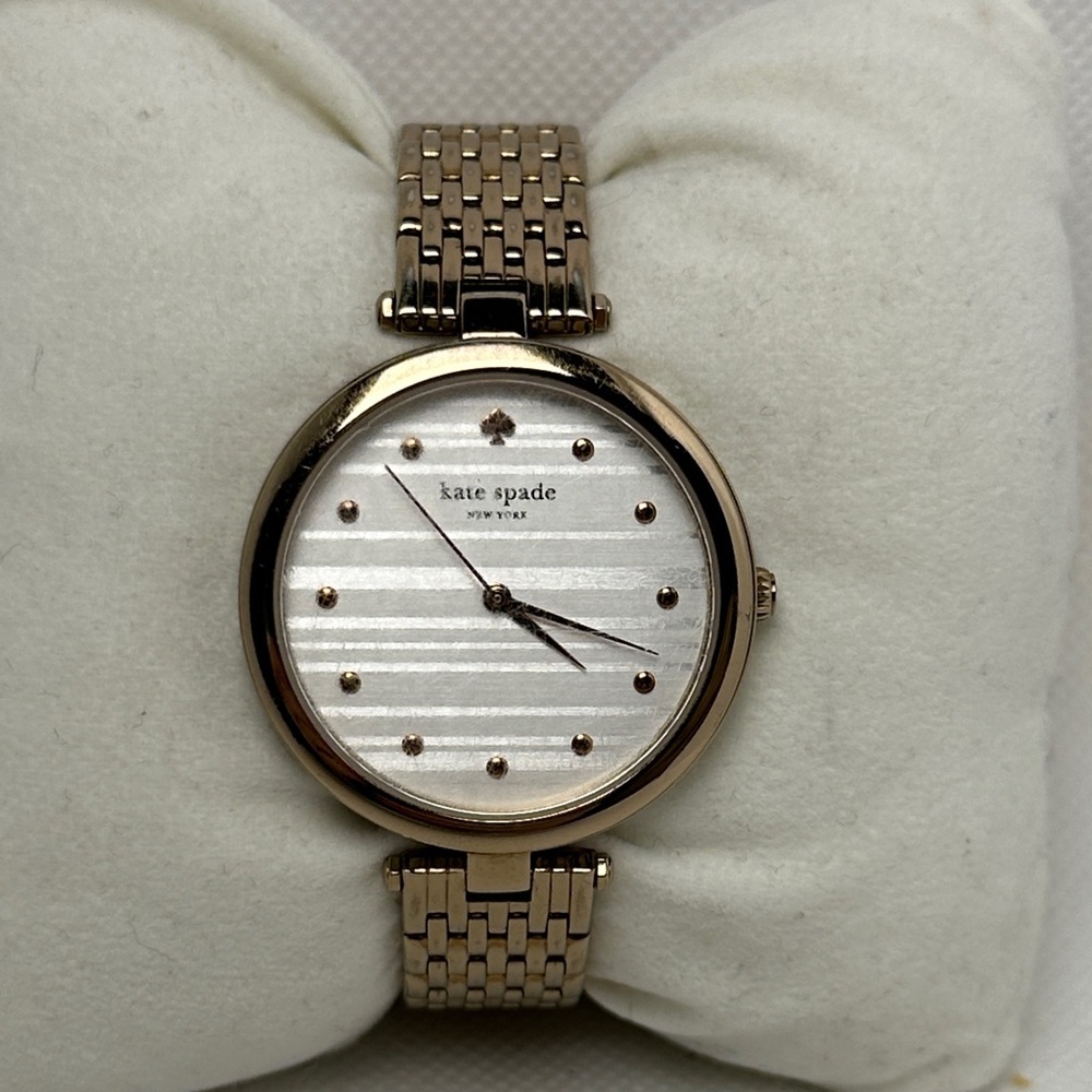 Kate Spade New York Varick Bracelet 36mm Watch Gold Bracelet Striped Face 2.75”